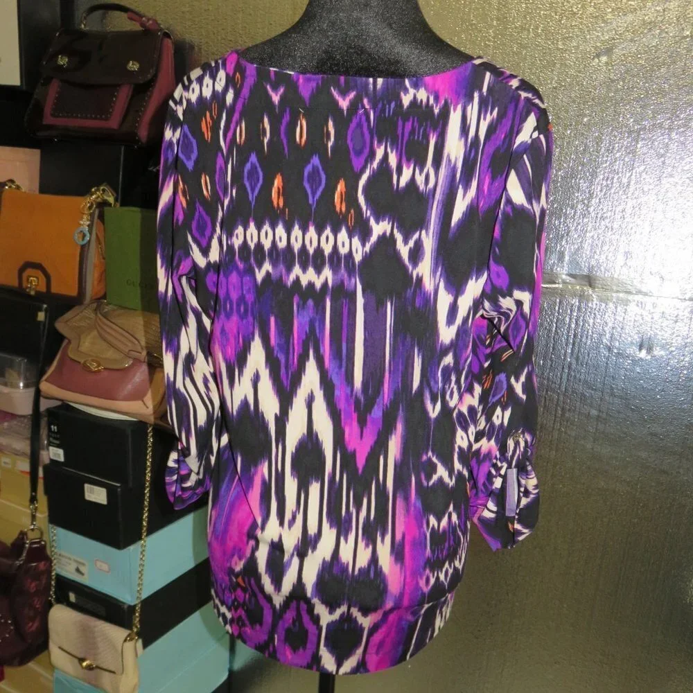 BOGO Jones New York Boho Abstract Purple pink black tunic blouse Top LG Petite - Picture 6 of 8
